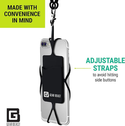 Gear Beast Cell Phone Lanyard - Universal Neck Phone Holder w/Card Pocket and Silicone Neck Strap (Black)