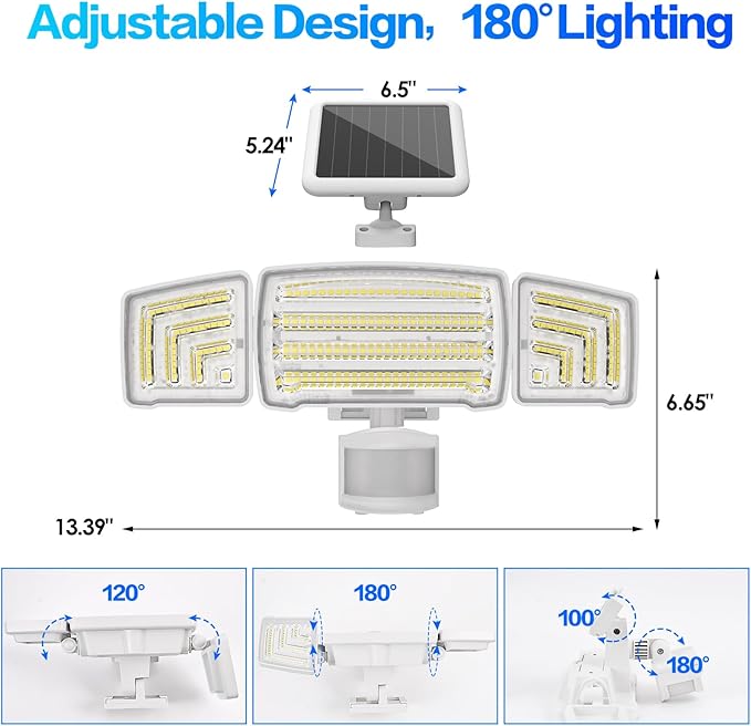 Energetic Solar Outdoor Lights, 1800LM 150 LED Security Motion Sensor Outdoor Lights with Remote Control, IP65 Waterproof Floodlight, 3 Head Motion Detected Spotlight for Garage, Pack of 2 (White)