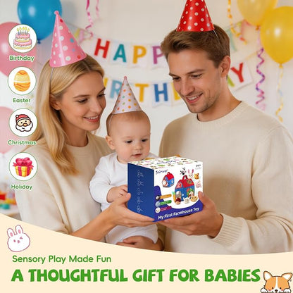SAIMAND Baby Toys 6-12 Months, Barn with Stuffed Farm Animals, Montessori Toy for Babies, Sensory Toys for Toddlers 1-3, Portable Baby Farmhouse Toy, Birthday Gift for Infants & Toddlers