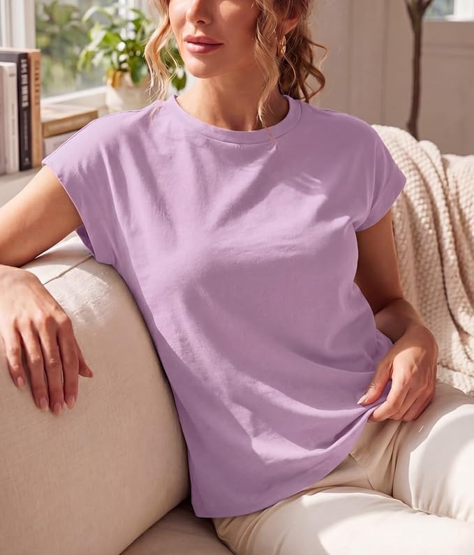 GRECERELLE Womens Summer Tops Cap Sleeve Crew Neck Basic T-Shirt | Everyday Casual Wear, Layering Friendly, Wrinkle-Resistant, Business Casual Ready, Lightweight & Packable, Capsule Wardrobe
