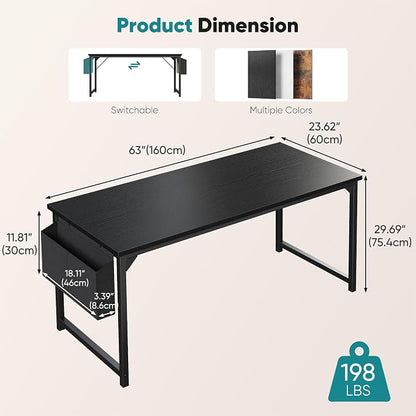 OLIXIS Computer Desk, 63 Inch Gaming Desks for Home Office Small Spaces | Writing Study Craft Work Table, Computer Workstation for Bedroom with Storage Bag, Black