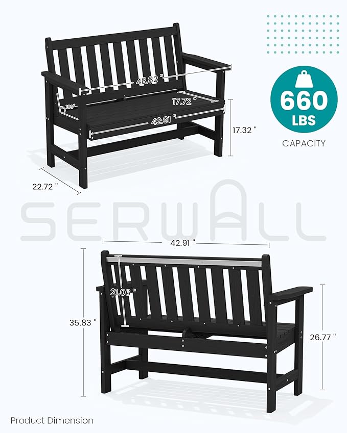 SERWALL Outdoor Bench, HDPE Outdoor Benches Weatherproof, 2-Person Garden Bench with 660 lbs Weight Capacity, Patio Benches for Outdoors, Garden, Porch, Backyard and Park, Black, 6 Pack