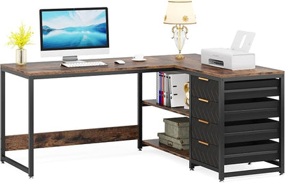 Tribesigns L Shaped Computer Desk with Storage Drawers, 59 inch Corner Desk with Shelves, Reversible L-Shaped Office Desk Study Writing Table Workstation for Home Office, Brown