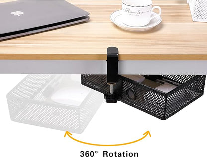 Under Desk Drawer, Clamp on Desk Organizer Hanging Desk Storage Under Table | Under desk organizer: clamp on desk drawer, 360° rotating desk basket, hanging desk organizer, clamp on desk shelf, no-drill