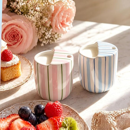 2 Pack Ceramic Mug with Sip Hole 10 oz Stripes Pattern Espresso Cup Coffee Mug Hand Painted Ceramic Cup Pink and Blue Heat Resistant Non Slip with Built in One Lid Handcraft Gift