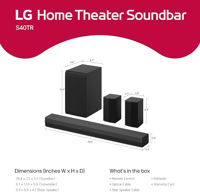 LG S40TR 4.1 ch. Home Theater Soundbar with Rear Surround Speakers and Wireless Subwoofer, Wow Interface, Dolby Audio, AI Sound Pro, Amazon Exclusive