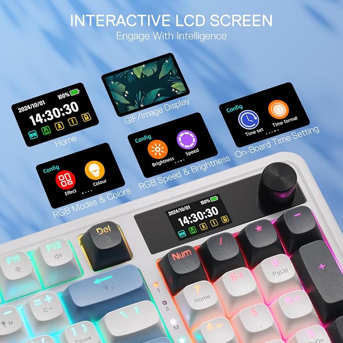 Redragon K719 PRO Wireless 95-Key Gasket Gaming Keyboard, TFT Screen & Knob | Easy-Control LED Info Display, 0-Delay Tri-Mode, Cushioned 5-Layer Noise Dampening for Creamy Thocky Sound, Practical 95 keys