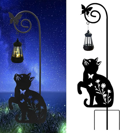 Solar Cat Lantern Garden Stakes - Outdoor Decorative Solar Lights for Yard, Patio, Pathway - Weatherproof Metal Cat Stake with Auto Night Lighting
