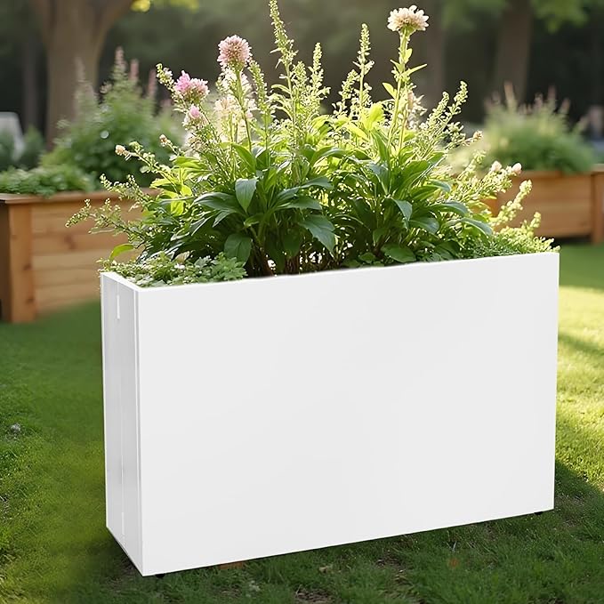 Galvanized Steel Planter Box-No Installation Required Metal Rectangular Block Long Box Planter Modern Outdoor Planters All-Weather Use with Drainage Holes for Patio/Porch, 36×24×12IN（White）