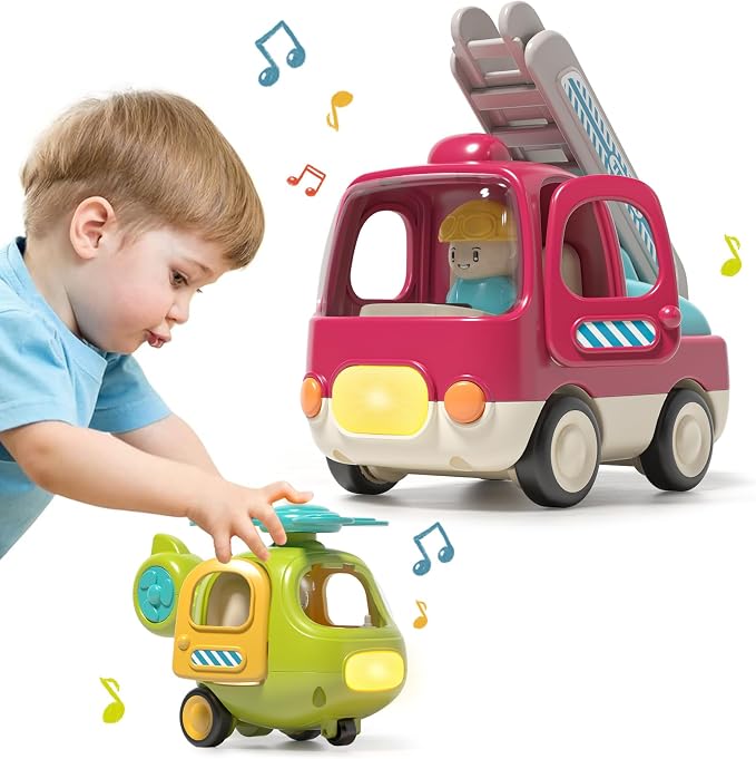 Baby Toys Push Cars for 1 2 3 Year Old 2 Pack Friction Powered Airplane Fire Trucks for Toddlers 1-3 Lights and Musical Toys for 1 Year Old First Birthday Gifts for Toddler