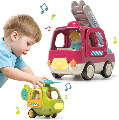Baby Toys Push Cars for 1 2 3 Year Old 2 Pack Friction Powered Airplane Fire Trucks for Toddlers 1-3 Lights and Musical Toys for 1 Year Old First Birthday Gifts for Toddler