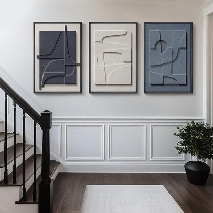 Large 3D Textured Framed Blue and White Abstract Wall Art, 3 Piece Modern Artwork for Walls, Minimalist Navy Blue Geometric Paintings for Living Room, Bedroom, Dining Room, Office Wall Decor 20x30 In