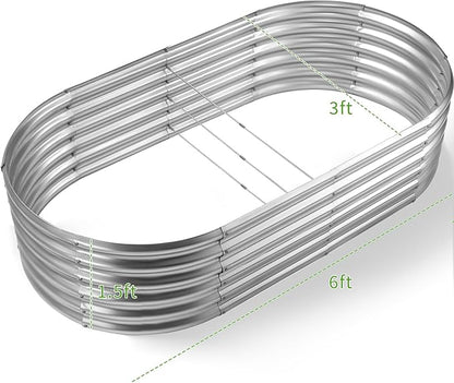 Land Guard 6x3x1.5ft Galvanized Raised Garden Bed Kit, Metal Planter Boxes Outdoor, Oval Metal Raised Garden Bed for Vegetables, Flowers (Silver)
