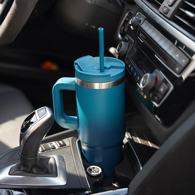 Konokyo 30 oz Insulated Tumbler Water Bottle with Handle, Straw Lid | BPA-free and dishwasher safe; made for gym, travel, coffee and gifting, 2 straws, cup holder friendly,Dark Green