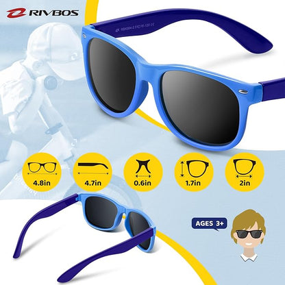RIVBOS Kids Sunglasses Polarized UV Protection Flexible Rubber Glasses Shades with Strap for Boys Girls RBK004