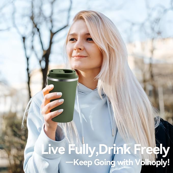 Volhoply 12 oz Double Wall Insulated Vacuum Travel Coffee Mug with Flip Lid Bulk 4 Pack,Reusable Stainless Steel Leak Proof Coffee Cup,Portable Thermal Tumbler for Hot & Cold Drinks(Army Green,8 Set)
