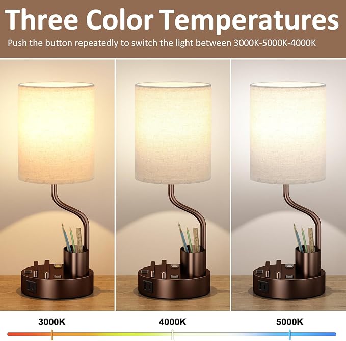 Fenmzee Bedside Lamps for Bedroom Set of 2 - Table Desk Lamp for Nightstand | 15" Table Lamp for Living Room with Pen Holder & Phone Stand, USB A+C Port, AC Outlet, 3 Color Temperature, LED Bulb Included
