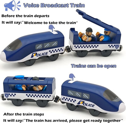 Battery Operated Police Train for Wooden Train Tracks with Figures Kids Magnetic Wooden Trains Set for Toddlers Boys 3-5 4-8 (Without Battery and Tracks) (Blue)