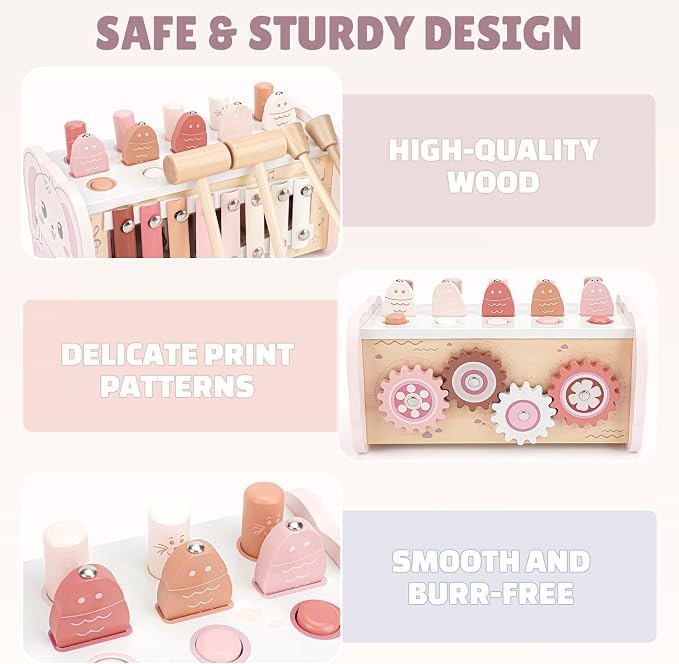 Joyreal Montessori Toys for 1 Year Old Girl Gift - Pink Wooden Hammering Pounding Toy with Xylophone & Fishing Game - Toddler Learning Activities for Kids 1+ 2 3 Year Old Christmas Birthday Gifts