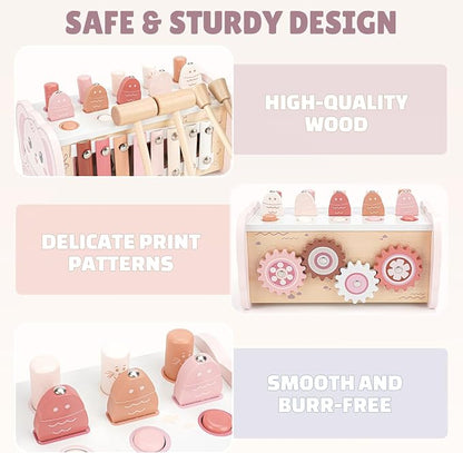 Joyreal Montessori Toys for 1 Year Old Girl Gift - Pink Wooden Hammering Pounding Toy with Xylophone & Fishing Game - Toddler Learning Activities for Kids 1+ 2 3 Year Old Christmas Birthday Gifts