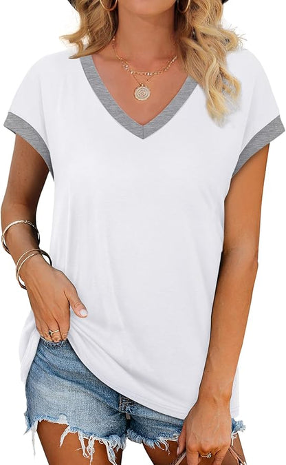 WIHOLL Womens Summer Tops 2026 Cap Short Sleeve Shirs V Neck T Shirts Fashion Beach Vacation Clothes Color Block