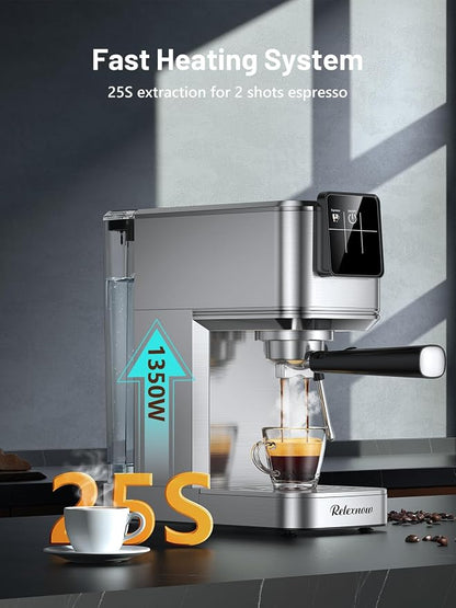 RELEXNOW Espresso Machine, 20 Bar Espresso Maker Milk Frother & LCD Panel, Hot & Iced Coffee Machine, Stainless Steel Espresso Coffee Machine with 41oz Water Tank for Cappuccino, Latte