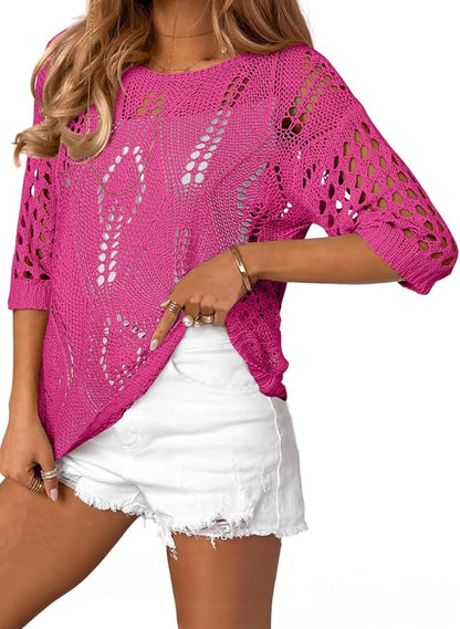 EVALESS Womens Crochet Hollow Out Knit Tops Half Sleeve Spring Summer Sweaters Beach Cover Ups for Women Trendy 2026