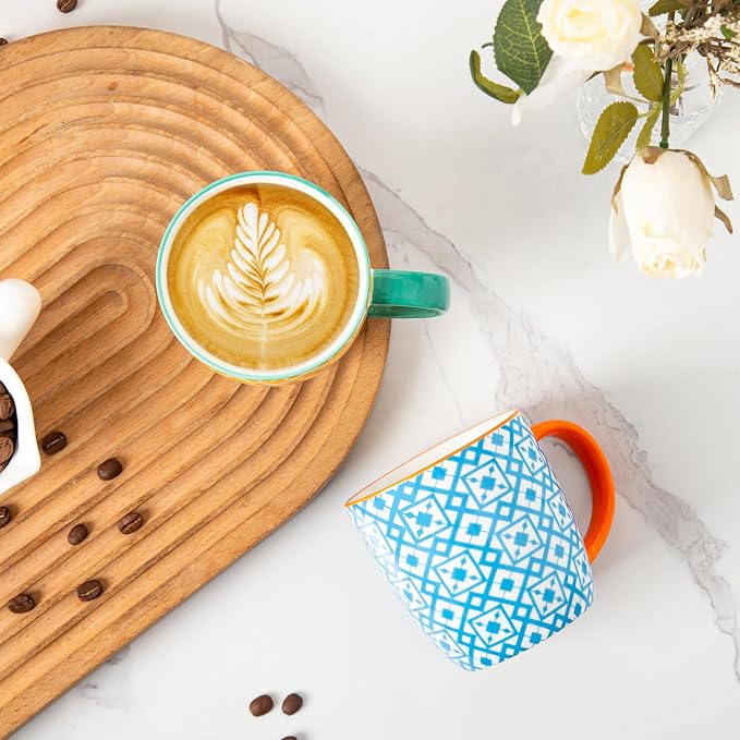 Ceramic Coffee Mugs Set - 10 Oz Large Porcelain Tea Cups with Handle for Milk Cappuccino Latte Tea Cocoa - Microwave Dishwasher Safe - Christmas Housewarming Gift -Set of 6 - Assorted Colors