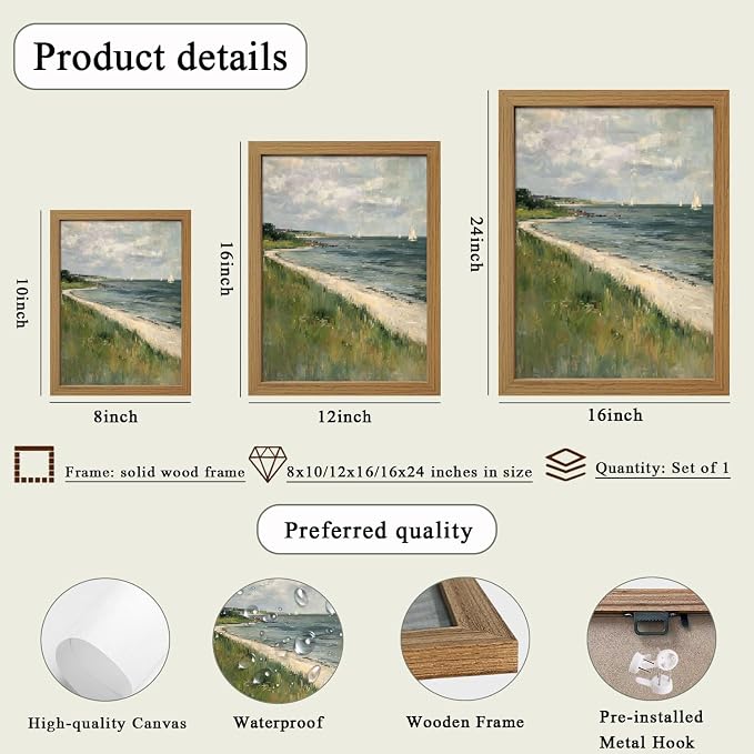 CXQILVER Framed Vintage Coastal Wall Art, Rustic Beach Seascape Sailboats Canvas Wall Decor Ocean Landscape Painting Picture for Coastal Cottage Living Room Bedroom Bathroom Decor 16x24 Inch