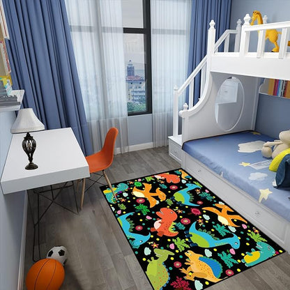 Dino Rugs for Boys Room Kids Play Rug Dinosaur Play Rug Dinosaur Carpet Dinosaur Rug Dinosaur Cartoon Carpet for Boys and Girls Bedroom Classroom,Black 4'×5'