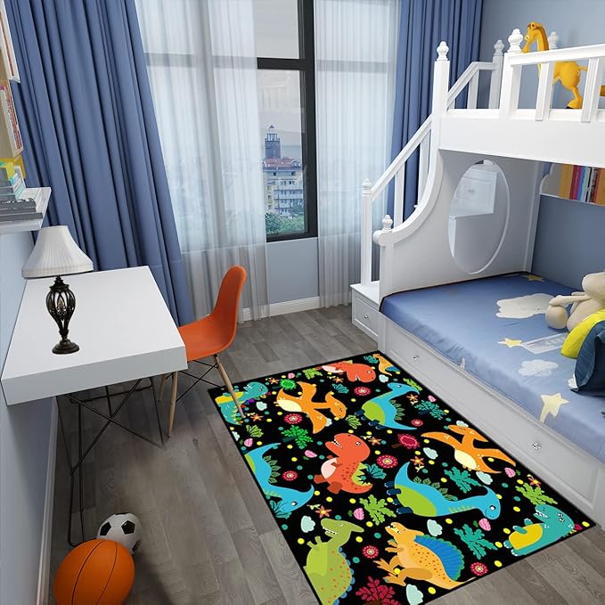 Dino Rugs for Boys Room Kids Play Rug Dinosaur Play Rug Dinosaur Carpet Dinosaur Rug Dinosaur Cartoon Carpet for Boys and Girls Bedroom Classroom,Black 4'5''×6'