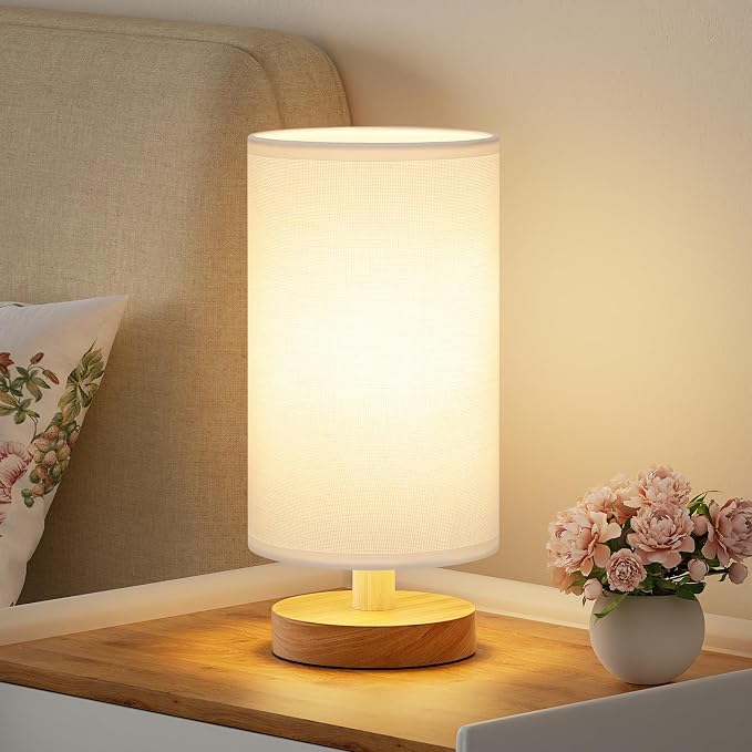 Fenmzee Small Table Lamps (White Shade - Wood Base, 9" Inline Control) | 3000K LED Blub Included | 680 Lumens | Easy Assembly | Minimalist Design | E26 | for Kitchen | for Kids Room