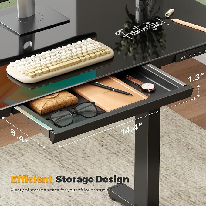 35" Electric Standing Desk with Drawer, One-Piece Glass Top | Quick Install One-Piece Tabletop with USB Charging Ports, Sit Stand Computer Desk with Wheels for Small Space, Black