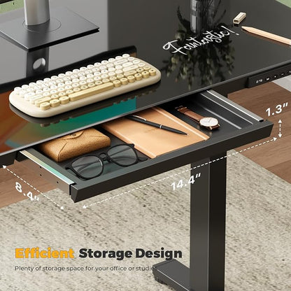35" Electric Standing Desk with Drawer, One-Piece Glass Top | Quick Install One-Piece Tabletop with USB Charging Ports, Sit Stand Computer Desk with Wheels for Small Space, Black