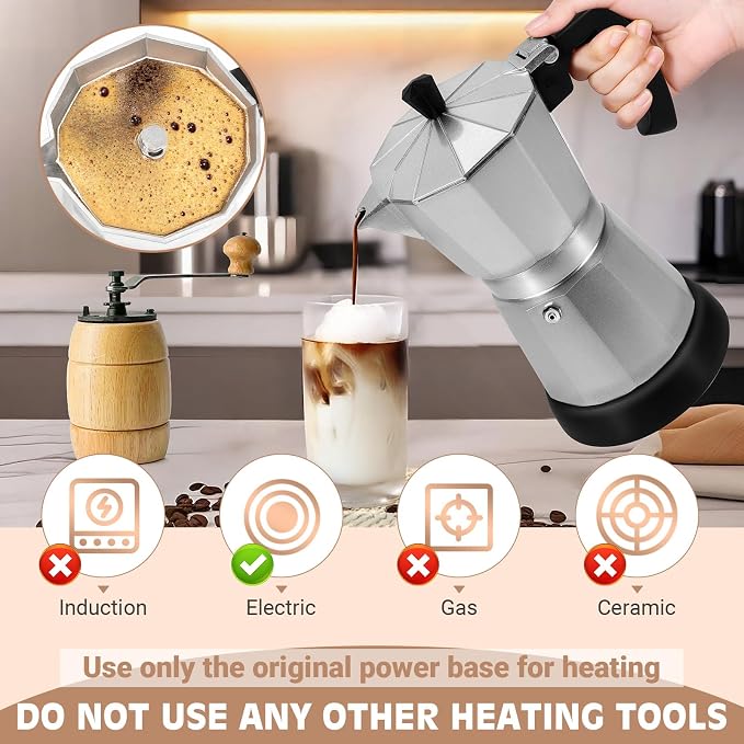Electric Moka Pot, 3 or 6 Cup Espresso Coffee Maker, Silver | Food-grade aluminum, dose reduction plate, boil-dry protection, auto-stop, detachable base, for Cuban and Italian coffee