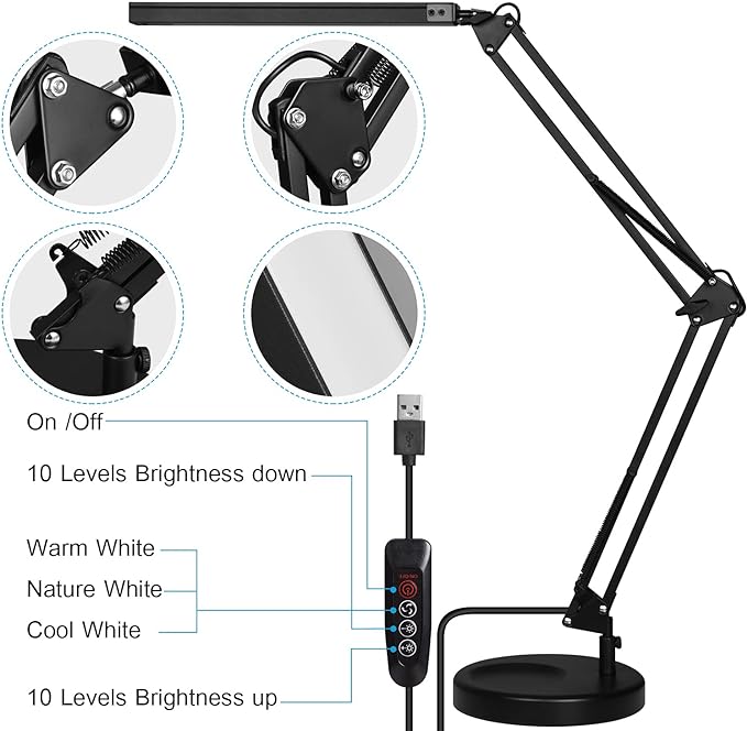 LED Desk Lamp with Clamp and Round Base,Eye Caring Table Lamp with Swing Arm,3 Color Modes 10 Brightness Levels,Memory Function, Desk Light for Home Office with USB Adapter Black-14W