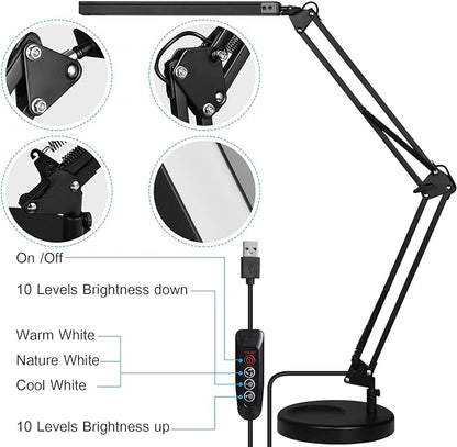 LED Desk Lamp with Clamp and Round Base,Eye Caring Table Lamp with Swing Arm,3 Color Modes 10 Brightness Levels,Memory Function, Desk Light for Home Office with USB Adapter Black-14W