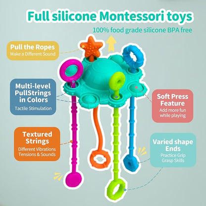Montessori Pull String Toy Silicone Travel Toy | Food Grade Silicone Early Development Toy, Fine Motor Skills Sensory Toys, Montesorri Gifts (Spearmint)