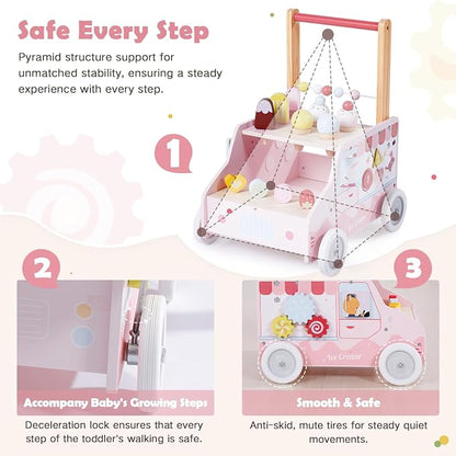 labebe Wooden Push Walker, Push Activity Walker for Kids 12M+, Multifunctional Ice Cream Cart Activity, Adjustable Speed Learning Walking with Wheels, Birthday Gift for Girls Boys Ages 1-3 (Pink)