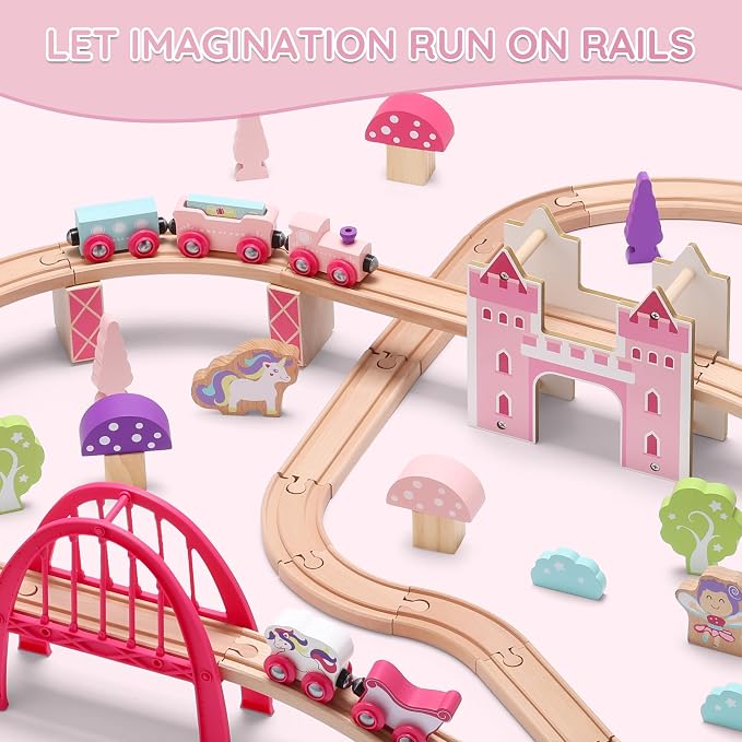 SainSmart Jr. Wooden Train Set 72 PCS Pink Train Set with Unicorn for Toddlers, Train Track Set Fit for Major Brands, Toddler Girl Toys with Castle - Ideal Train Toys Gift for 3 4 5 Year Old Girl