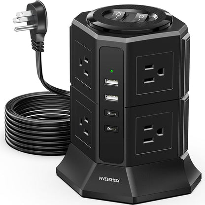 Surge Protector Power Strip Tower with 8 AC Outlets 4 USB Ports(2 Type C), 6.5 FT Ultra Flat Extension Cord, Flat Plug Power Strips Tower with Surge Protection for Home, Office, Dorm
