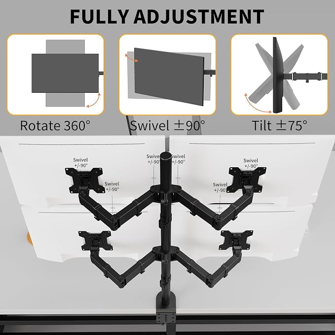 Black Quad Monitor Arm Mount for 13-27 Inch Screens | Ultrawide Screens Up to 34 inch Fully Adjustable Stand with C-Clamp/Grommet Base Max VESA 100x100 Each Screen Capacity 22lbs
