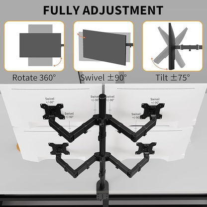 Black Quad Monitor Arm Mount for 13-27 Inch Screens | Ultrawide Screens Up to 34 inch Fully Adjustable Stand with C-Clamp/Grommet Base Max VESA 100x100 Each Screen Capacity 22lbs
