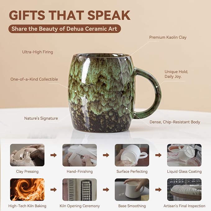 Unique Reactive Glaze Ceramic Coffee Mug - 14 oz Large Coffee Cup with Ergonomic Handle, Forest Green Ceramic Mug for Office & Home, Great Birthday Gift for Women, Men & Friends, Microwave Safe