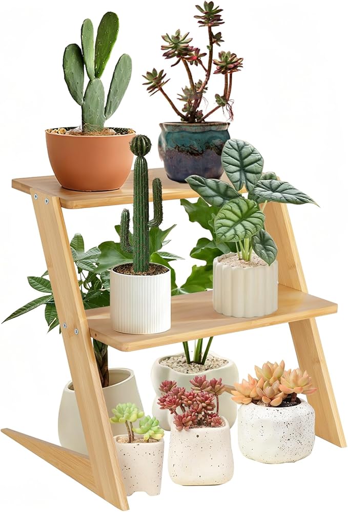 3 Tier Table Top Countertop Small Plant Stand with Shelf Adjustable, Bamboo Wooden Desk Plants Succulent Stand, Office Flower Pot Holder Rack ,Cup Cake Stand, Kitchen Spice Rack