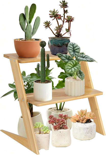 3 Tier Table Top Countertop Small Plant Stand with Shelf Adjustable, Bamboo Wooden Desk Plants Succulent Stand, Office Flower Pot Holder Rack ,Cup Cake Stand, Kitchen Spice Rack