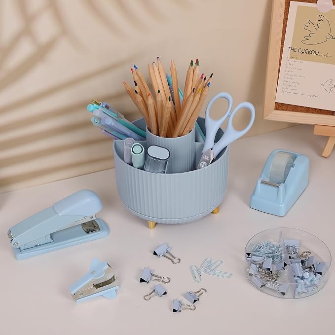 SKYDUE Desk Organizers and Accessories 10Pcs, 360-Degree Rotating Pen Holder, Stapler, Staple Remover, Tape Dispenser,2pcs Tape Refills, Binder Paper Clips Kit, Scissor (Blue)