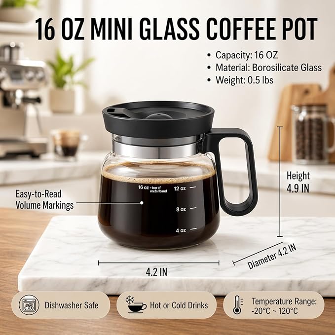 Coffee Pot Mug with Lid, 16oz Glass Mini Coffee Pot Cup, Heat-Resistant Clear Travel Mug, Spill-Resistant Novelty Coffee cup for Office Desk & Coffee Lovers gift