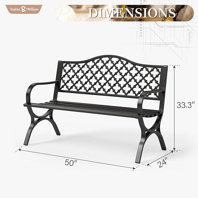 Sophia & William Outdoor Bench, 50 inches Metal Garden Bench, Cast Iron Park Benches for Outside with Floral Backrest and R-Shaped Legs for Porch Yard Lawn Deck, Black