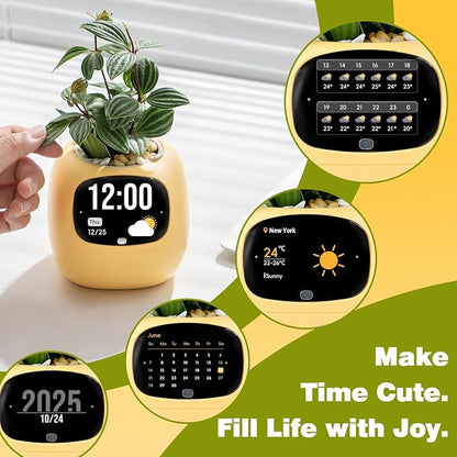 Upgraded AI Smart Flower Pot Multi-Emotion Interactive Digital Display Self Watering Planter Robot Flower Pot Supports 50+ Plants Decor for Desk Home Pet Office(Yellow)